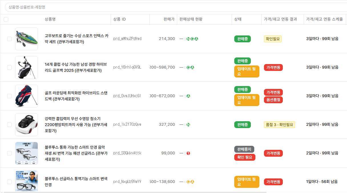 올에잇 상품 관리 화면 — 가격 · 재고 연동 상태